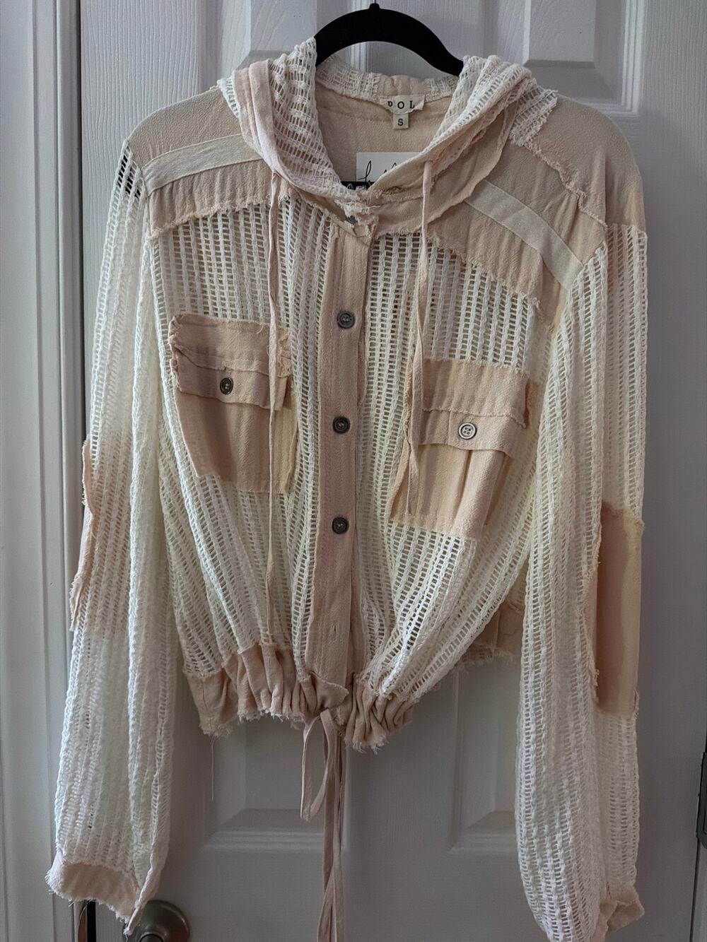 Pol Boho Open Knit Crochet Hooded jacket Sz S NWT Ivory cream fringe